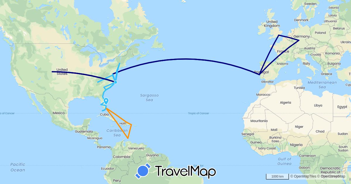 TravelMap itinerary: driving, boat, hitchhiking in Germany, Dominican Republic, United Kingdom, Netherlands, Portugal, United States (Europe, North America)