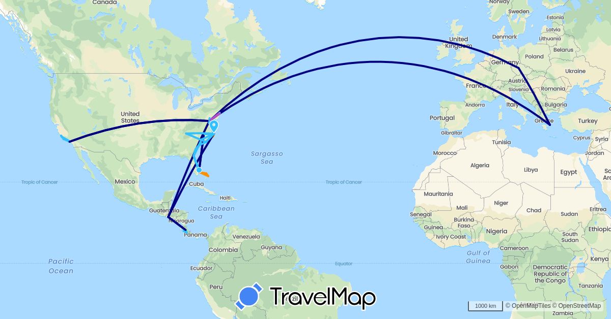 TravelMap itinerary: driving, train, boat, hitchhiking in Bahamas, Costa Rica, Czech Republic, Greece, El Salvador, United States (Europe, North America)